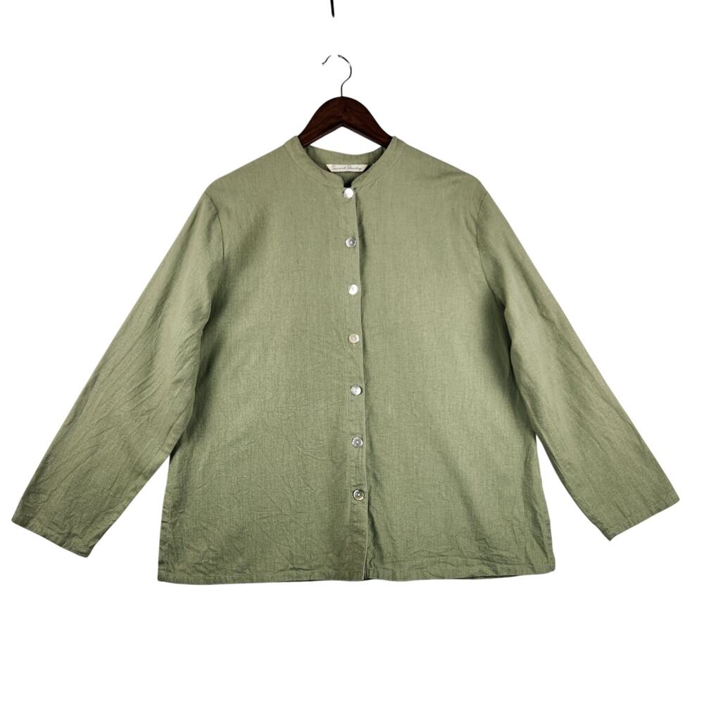 French Laundry Pleated Blouse Women's SZ L Linen/Rayon Pearl Buttons Back Detail